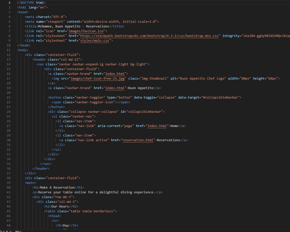 Firt third of the Bootstrap projects Reservations page Html code