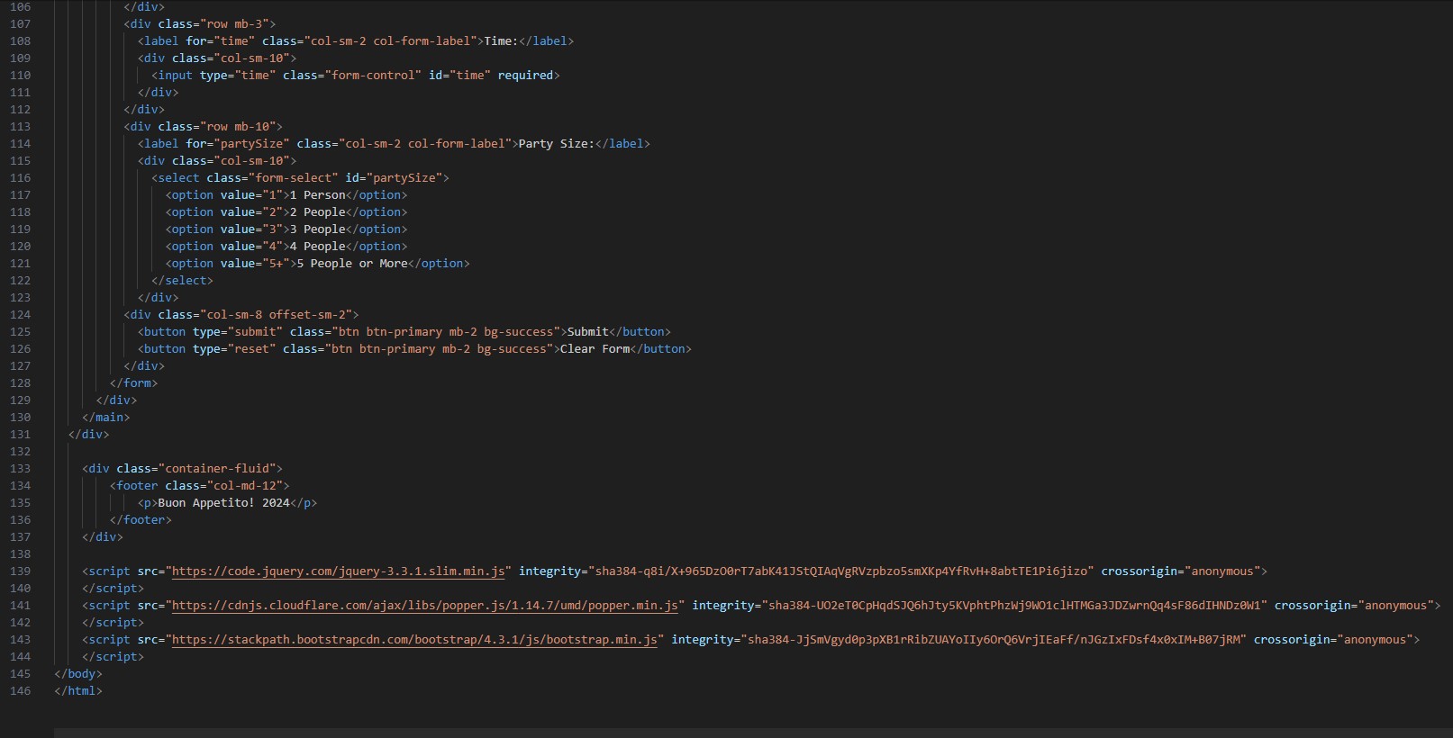 Last third of the Bootstrap projects Reservations page Html code