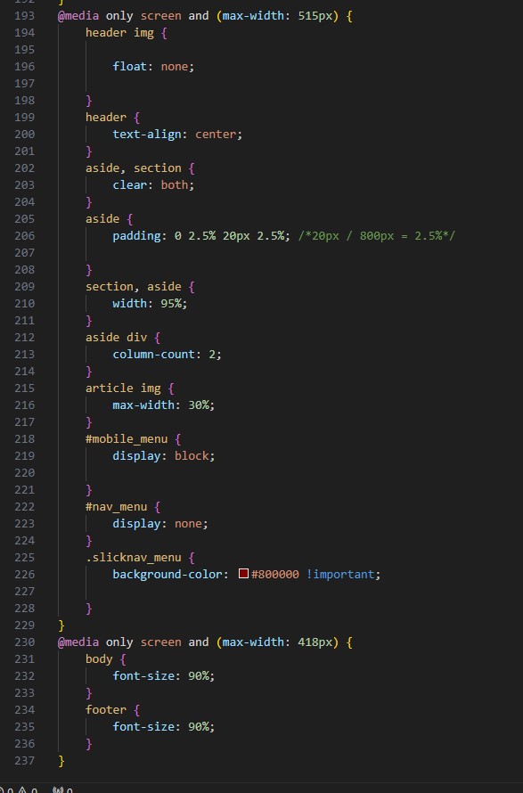 Last fourth of the Code for the CSS in the Town Hall Ch8 Project